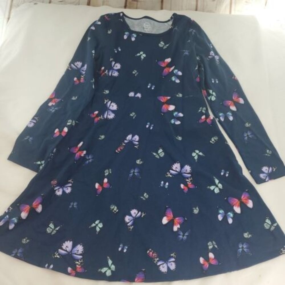 Wonder Nation Girls Navy Blue Butterfly Print Fit & Flare Dress Size XL 14-16